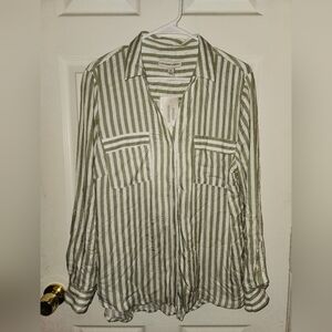 Sage green and white striped button down